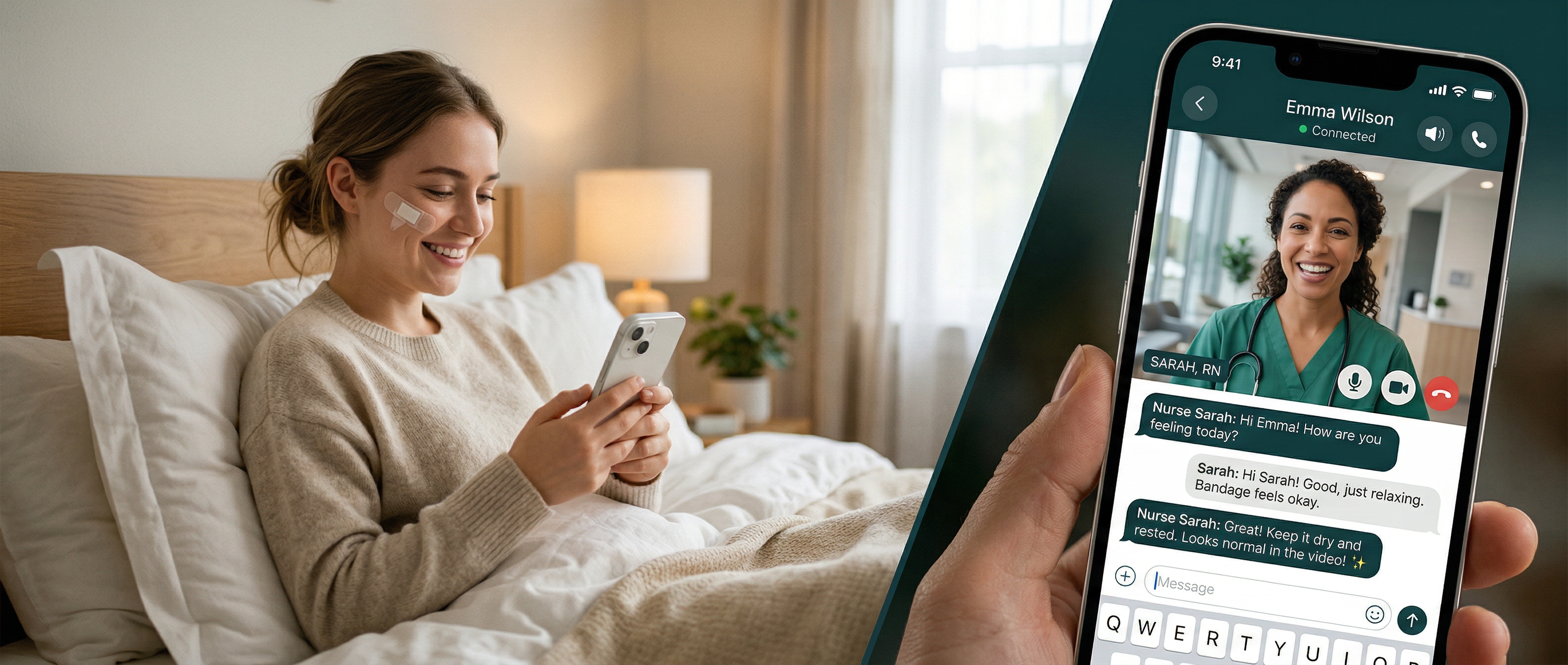 AI Aftercare — patient in bed video chatting with nurse on iPhone